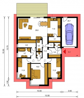 Spiegelverkehrter Entwurf | Grundriss des Erdgeschosses - BUNGALOW 178